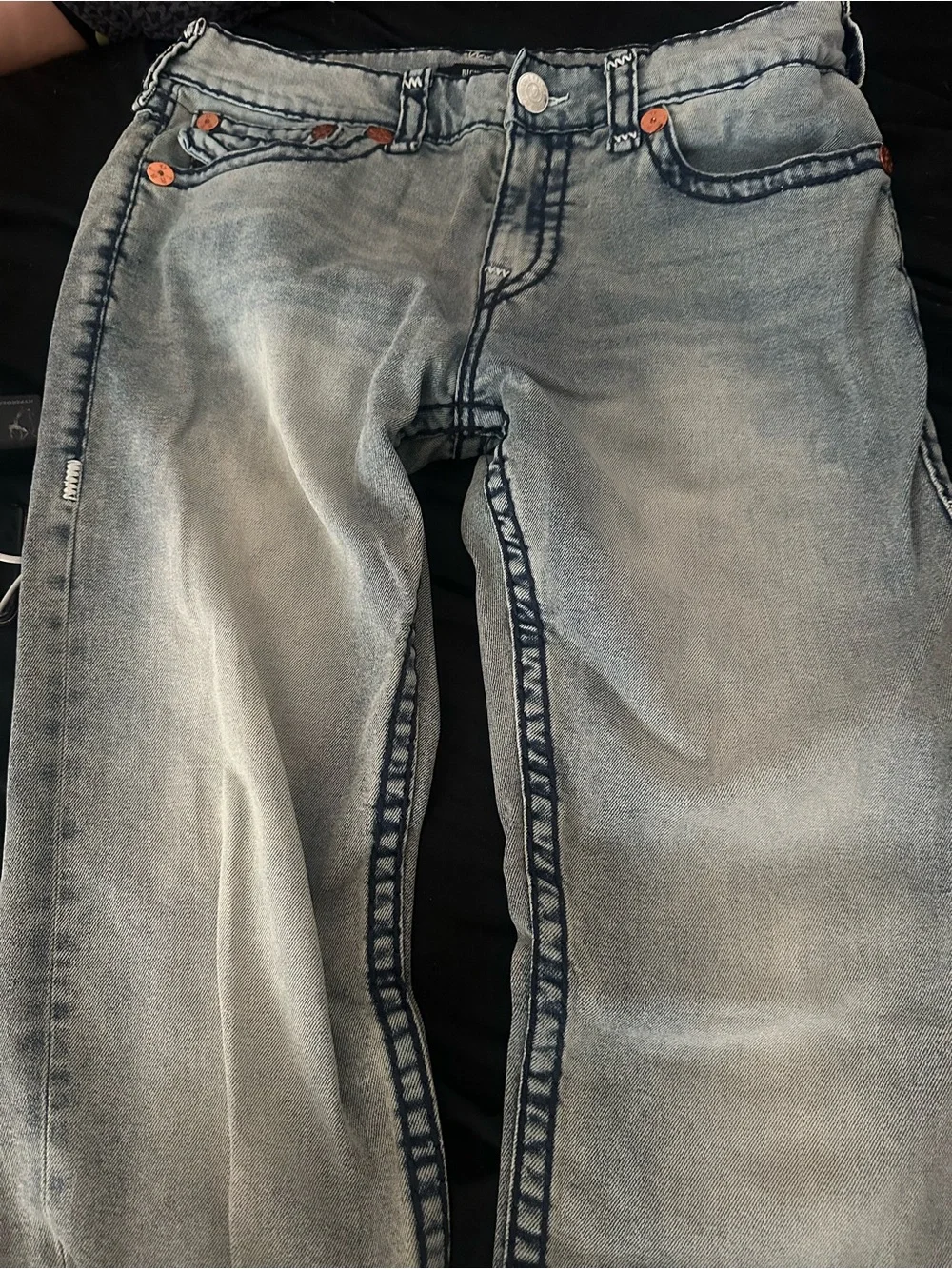 True Religion men’s Light Blue Boot Cut Jeans with Signature Pocket